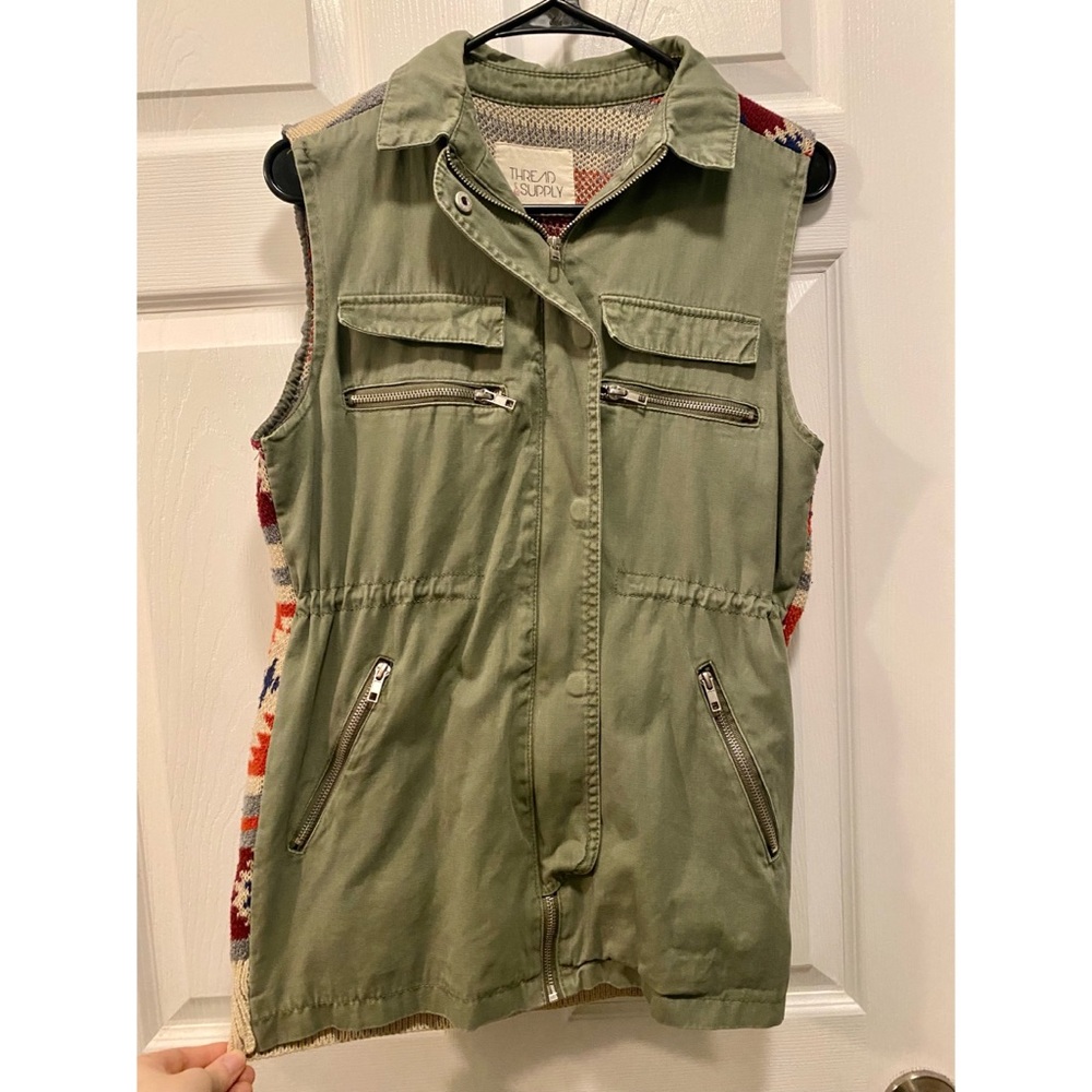 Thread & Supply army green vest with pattern knit back